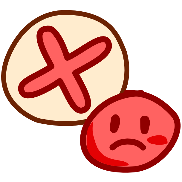 A red sad face with a big red X in a circle above it. The image has dark line art.